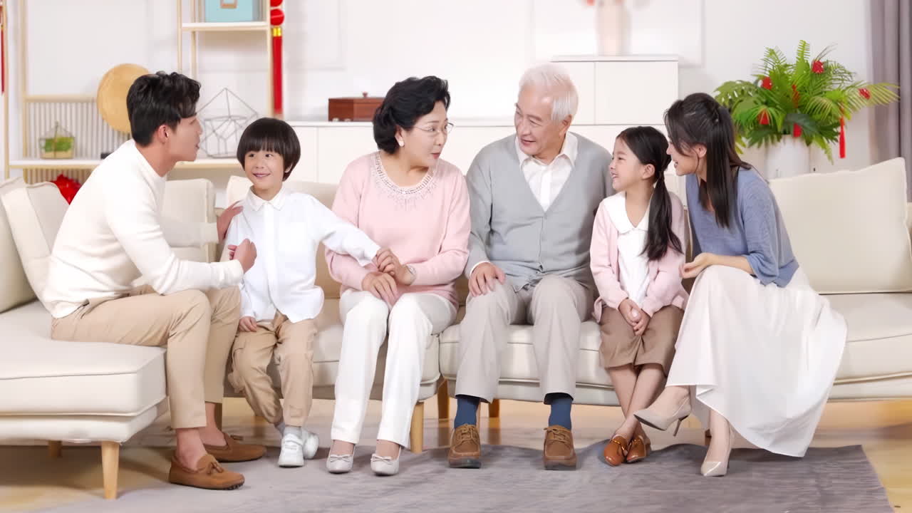 다세대 아시아 가족이 집에서 함께 놀고, 소파에 앉아서 거실에서 행복하게 대화하는 초상화