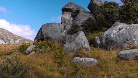 static view of boulders at castle hill, new zealand against blue sky and yellow plants in foreground