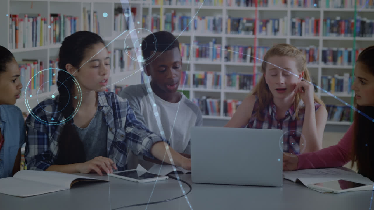 Animation of network of connections over diverse school children reading and learning at school