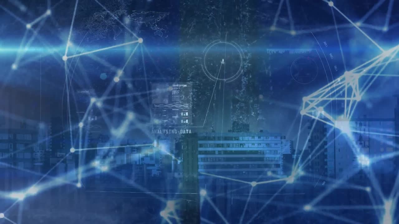 도시 풍경 위의 데이터 처리 애니메이션