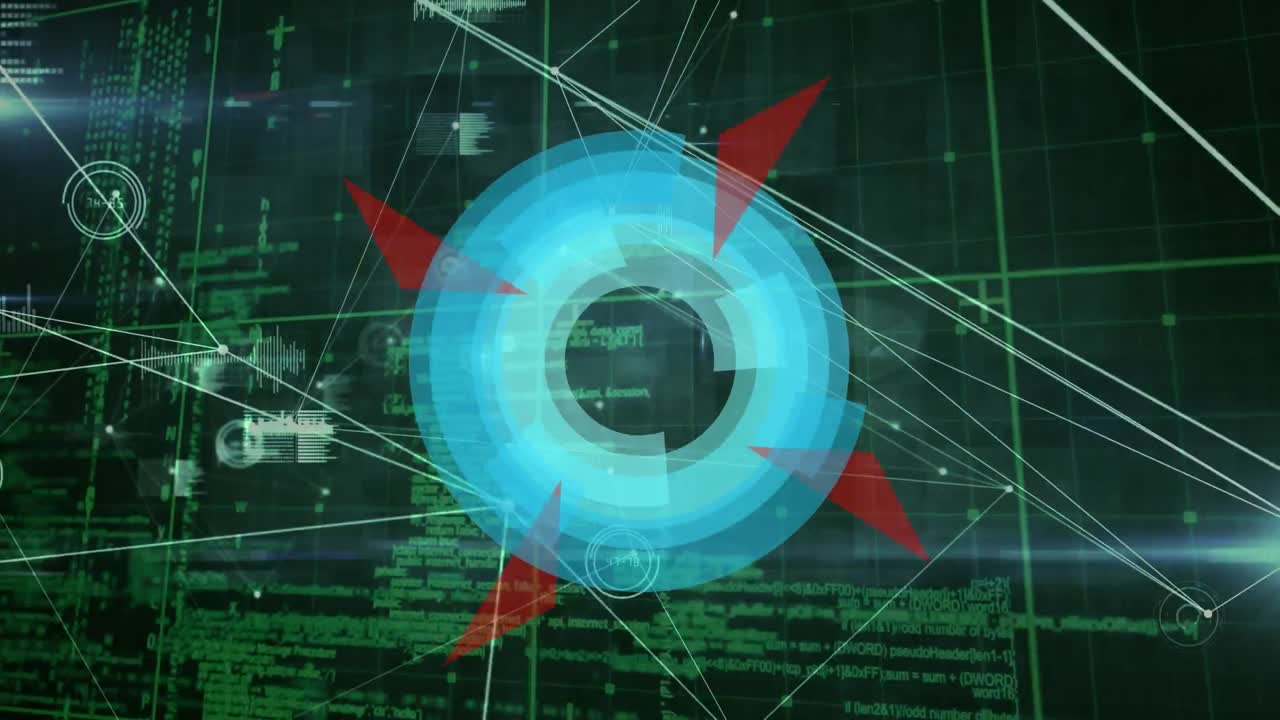 animación de escáner rotativo sobre una red de conexiones y procesamiento de datos en verde, en negro