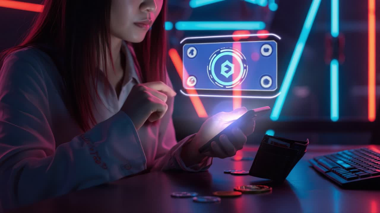 A Focused User Engages with Innovative Technology on Her Smartphone Amidst a Vibrant Neon Environment, Blending Digital Interactions with Modern Aesthetics