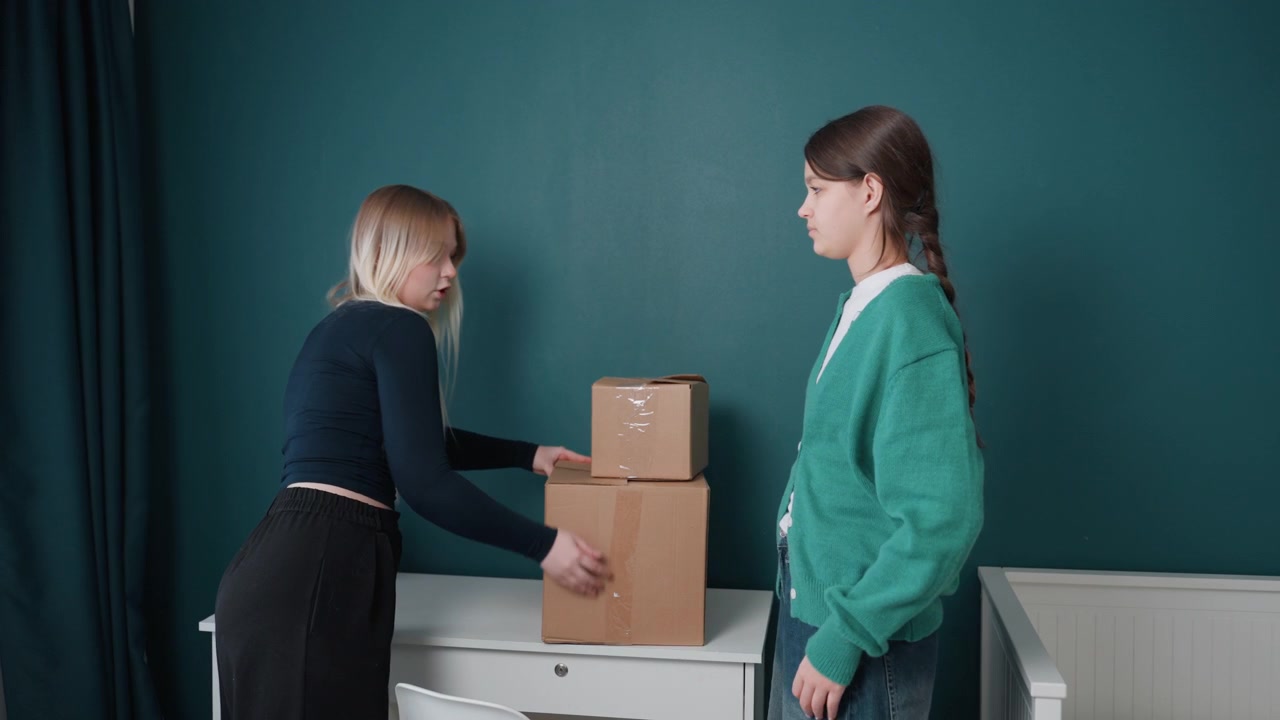 Due donne bianche che discutono per delle scatole in un appartamento con una parete color verde acqua, una gesticola con una pianta in vaso mentre l'altra sta con le mani sui fianchi, una pila di cartone sulla scrivania, espressioni frustrate, organizzazione.