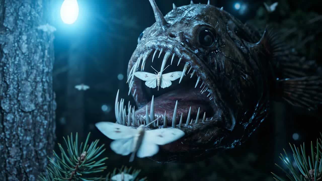 Rana pescatrice surreale che attira falene in una foresta fantasy oscura