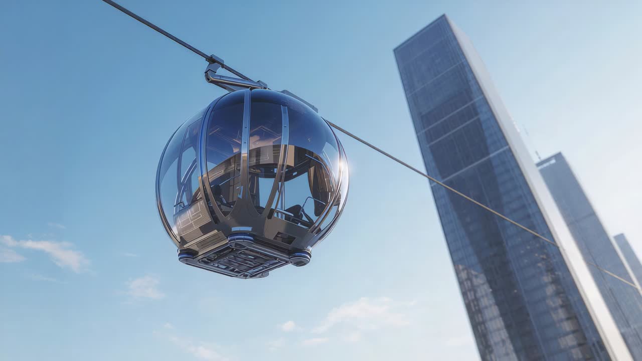 Gondola sferica di vetro che scivola lungo un cavo aereo, un cavo che trascina la capsula oltre alti grattacieli