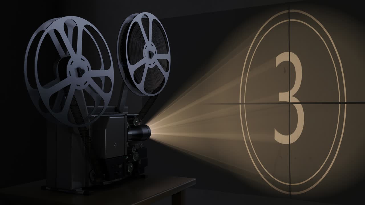 proyector de película con bobina de película juega el vídeo de cuenta atrás retro en la pantalla
