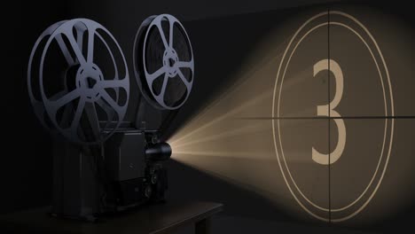 movie projector with film reel plays the retro countdown video on the screen