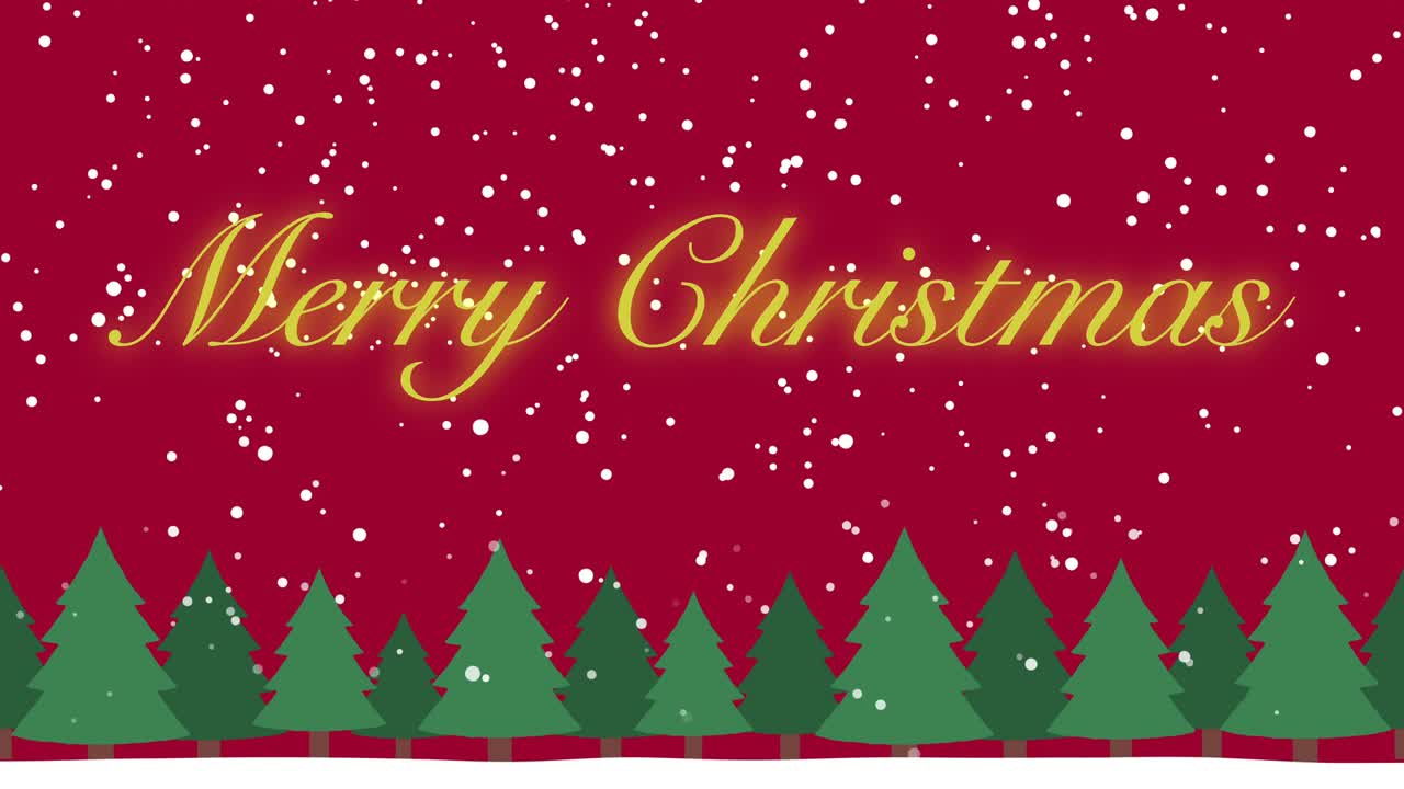 Snowfall and forest background and the sentence “Merry Christmas” (seamless loop)