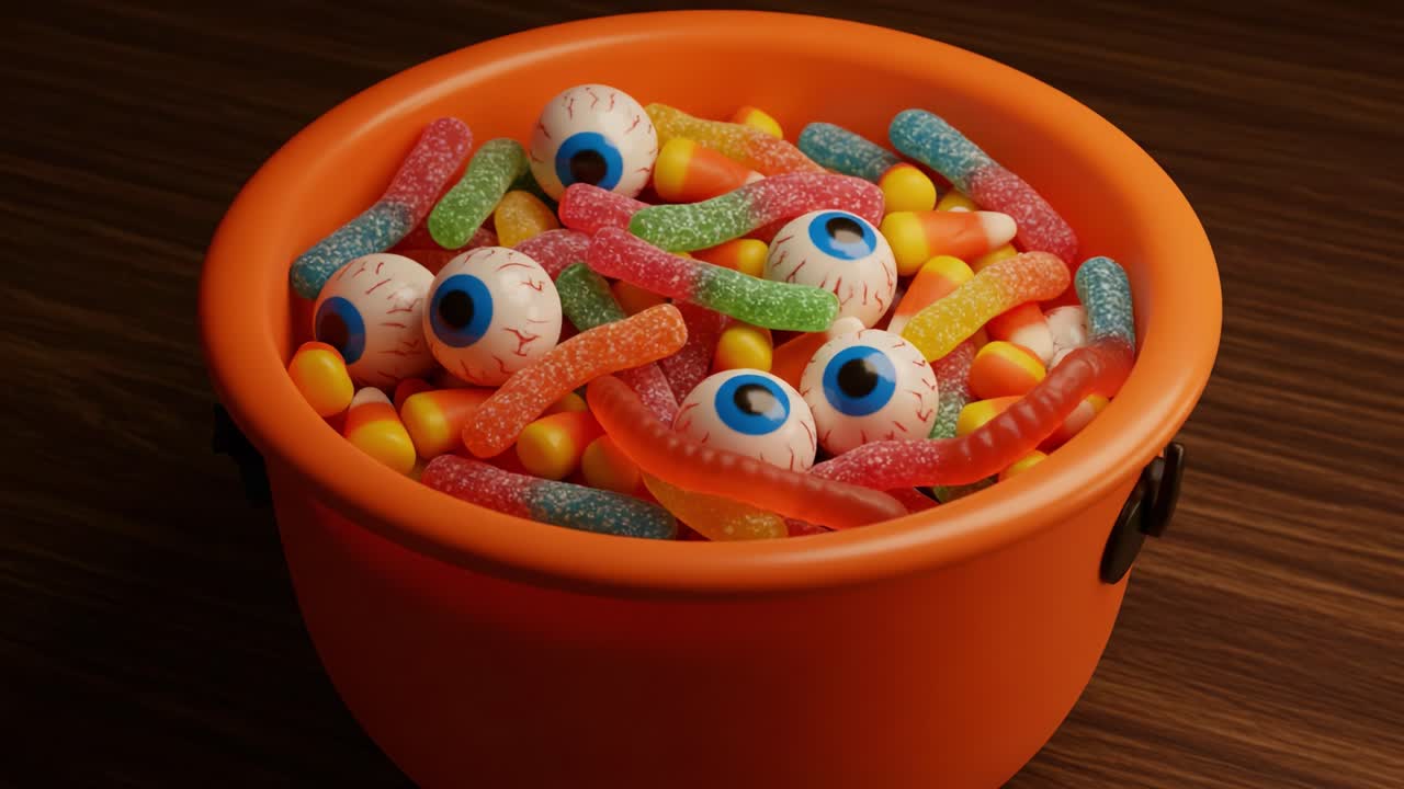 An Enchanting Halloween Treat: A Colorful Orange Bowl Overflowing with Spooky Candy and Eyeball Gummies Perfect for Festive Celebrations and Trick-or-Treaters