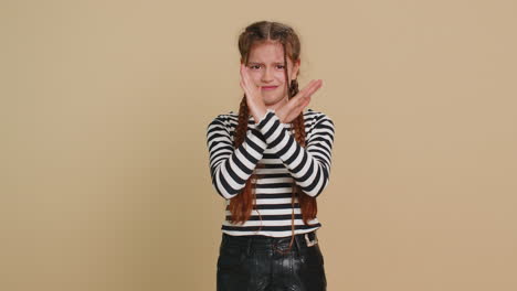 frustrated young school girl kid covering ears ignoring unpleasant noise loud voices avoiding advice