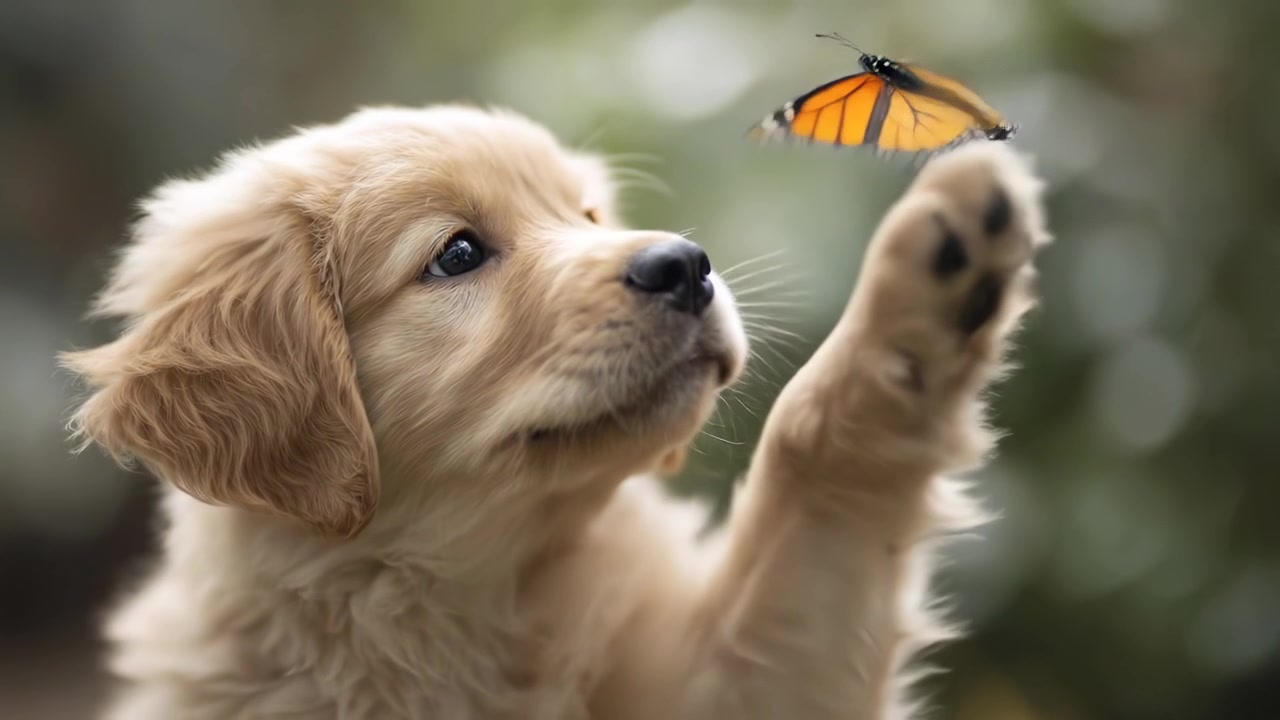 Adorable chiot Golden Retriever observant un papillon monarque