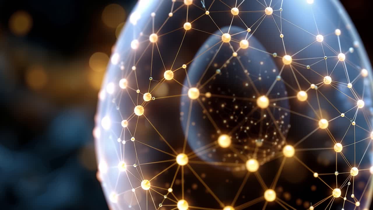 Glowing, transparent egg floats in darkness. Inside, golden dots connect with bright lines, forming a network. The egg shines softly against blurred bokeh lights. No people are present
