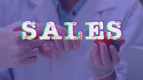 animation of sales text over hands of caucasian scientists injecting in tomato