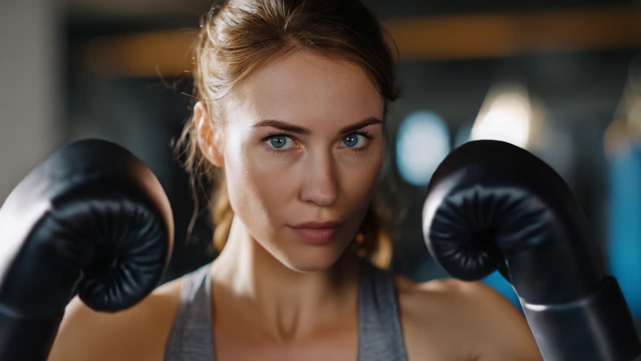 Boxer concentrata che si allena in palestra, che mostra determinazione e forza con i guantoni da boxe, pronta all'azione e ad allenamenti intensi oggi