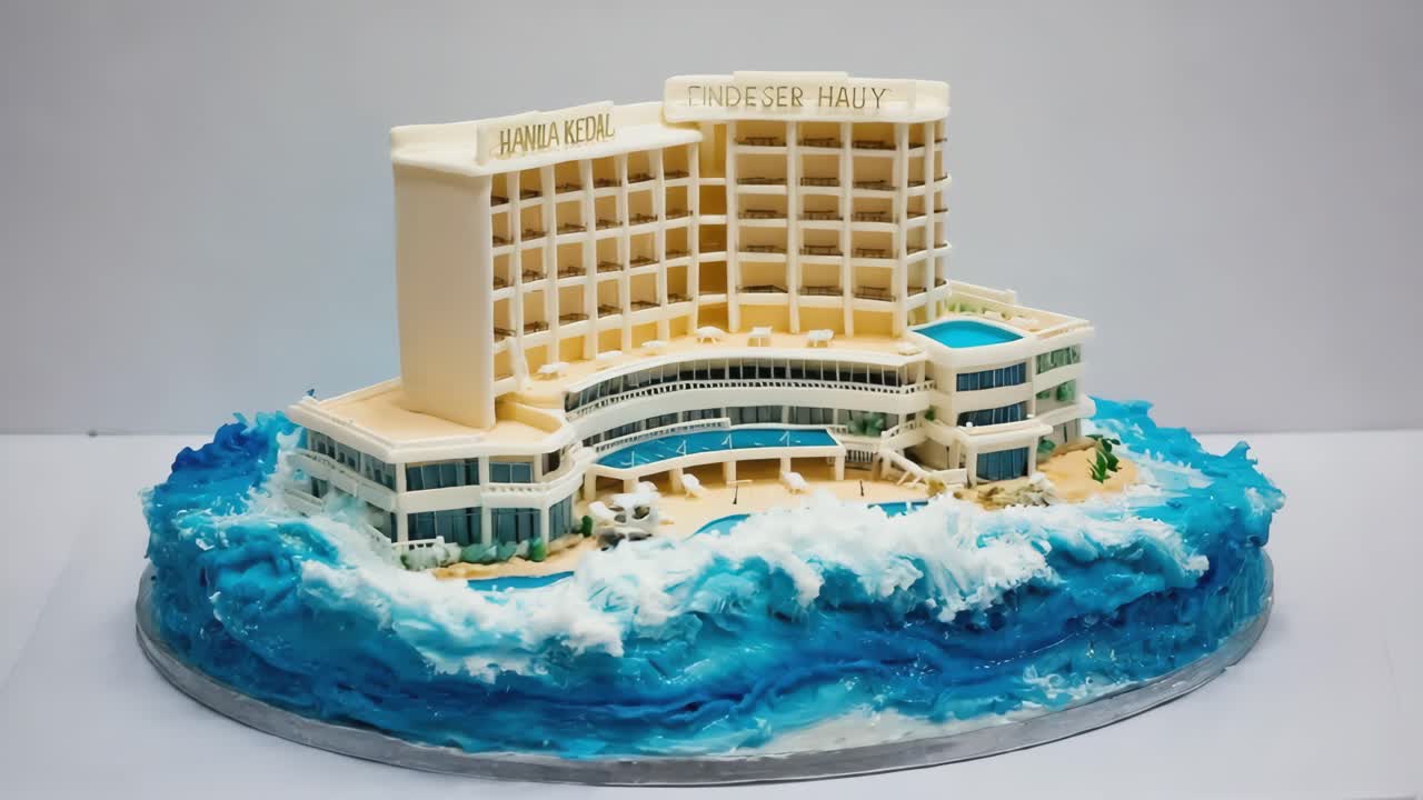 Torta elaborata di un hotel resort con motivo a onde marine