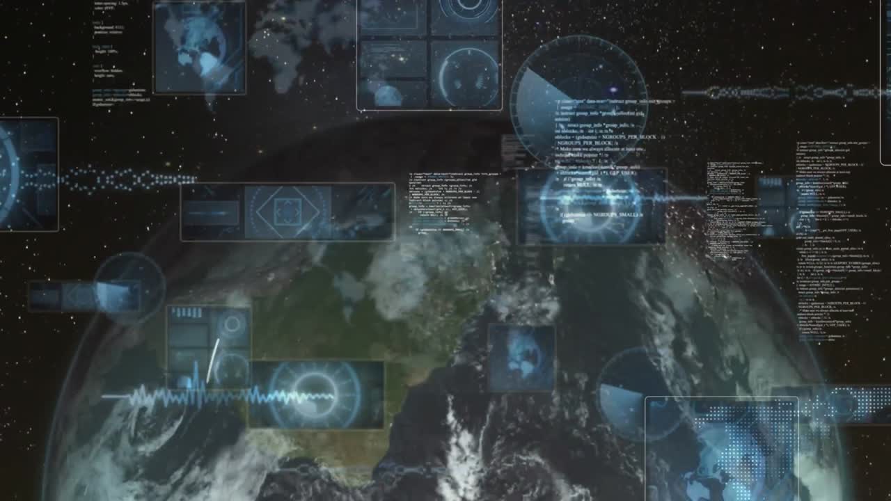 Animation of radars, circles, soundwaves, computer language over globe against abstract background