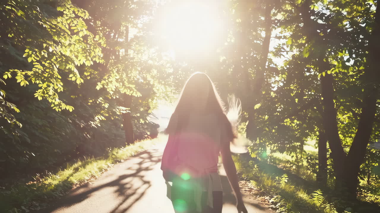 Woman Hiking Through a Forest Path on a Sunny Day