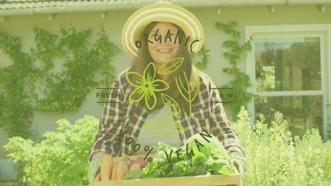 animation of organic vegan text in green letters over caucasian woman holding tray with vegetables