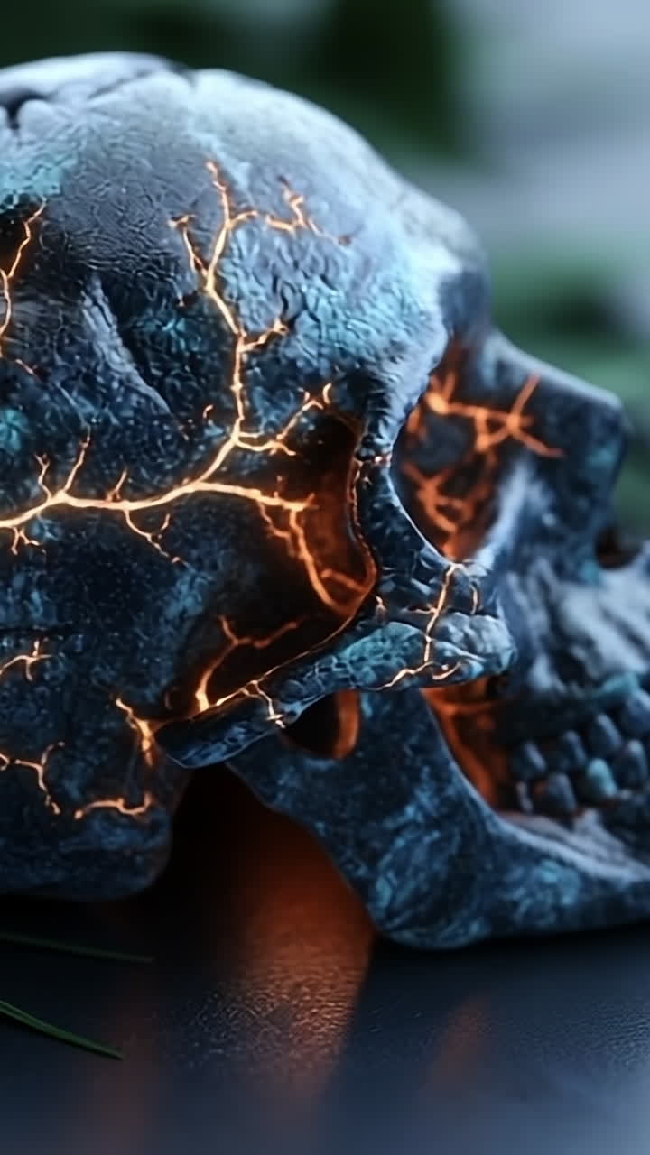 Glow-cracked skull sculpture. A skull sculpture with glowing cracks lies on green leaves, creating a bold contrast in a dark setting.