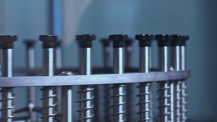 Industrial equipment. Circling metal sticks of machine. Part of production line