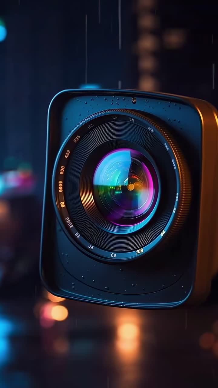 Primo piano di un obiettivo di videocamera di notte, che cattura vivaci luci della città con uno stile elegante e moderno.