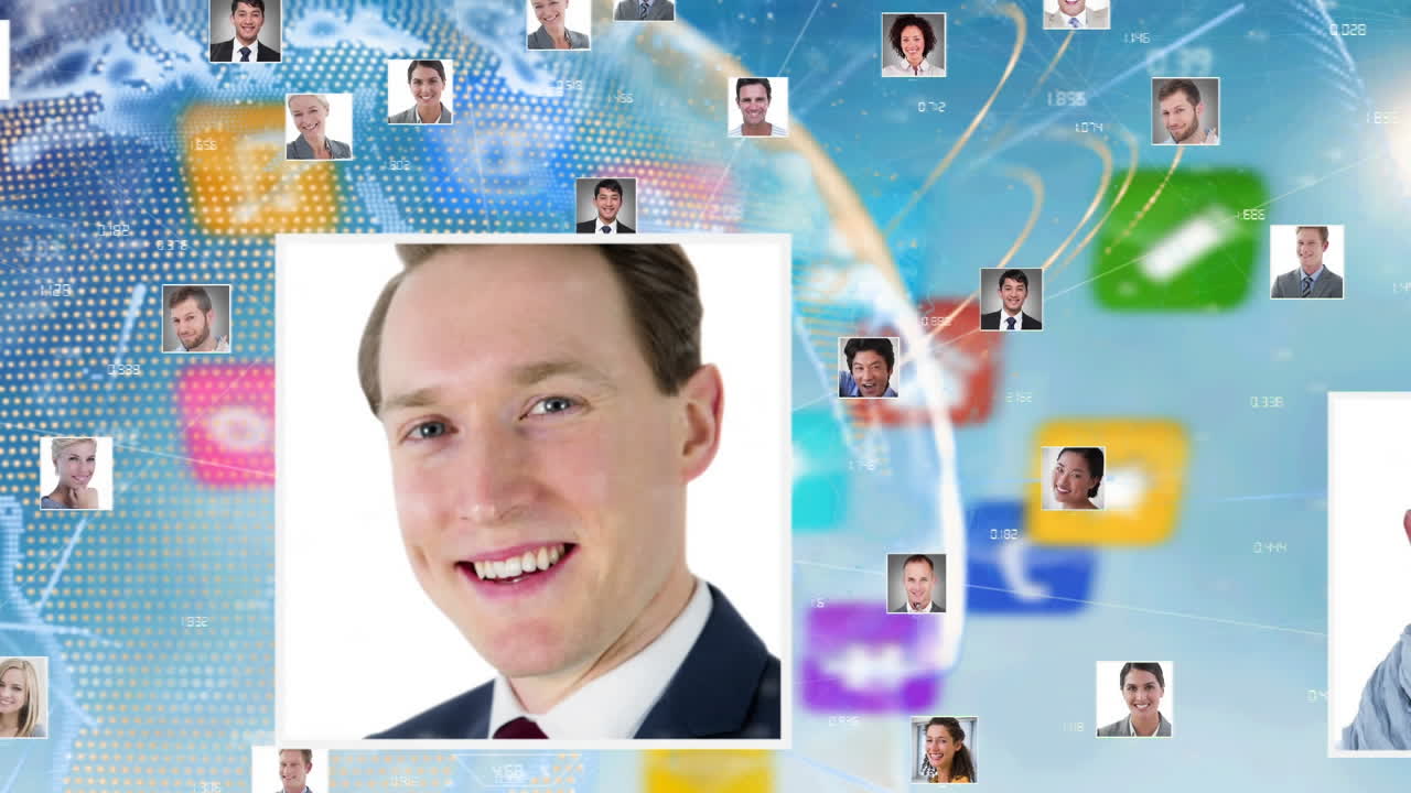 animación de redes de conexiones con iconos digitales y fotografías de personas en todo el mundo