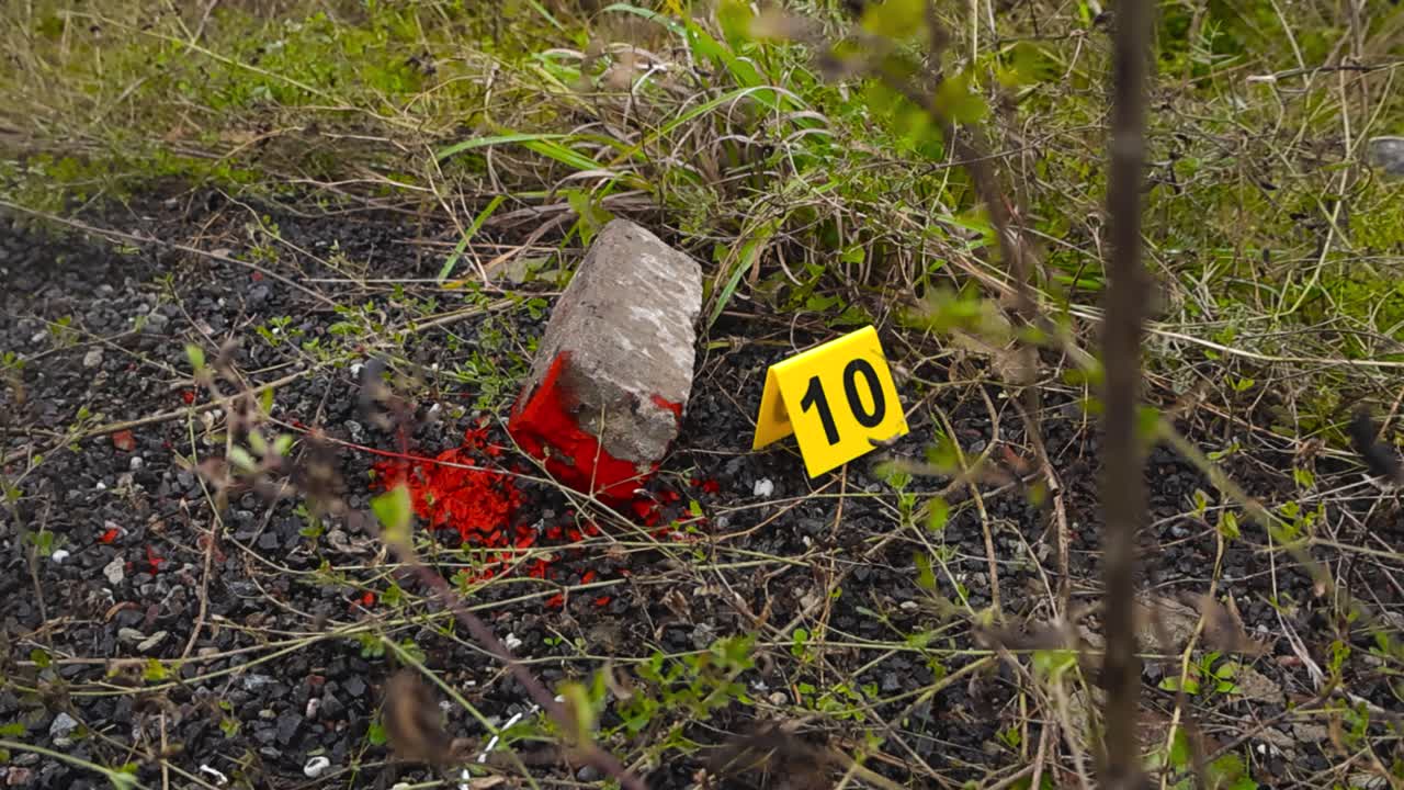 Gray colored bloody brick or blunt force trauma object besides a yellow colored police investigation Crime Scene marker in nature outdoors on dark gravel that is surrounded by tall autumn green grass