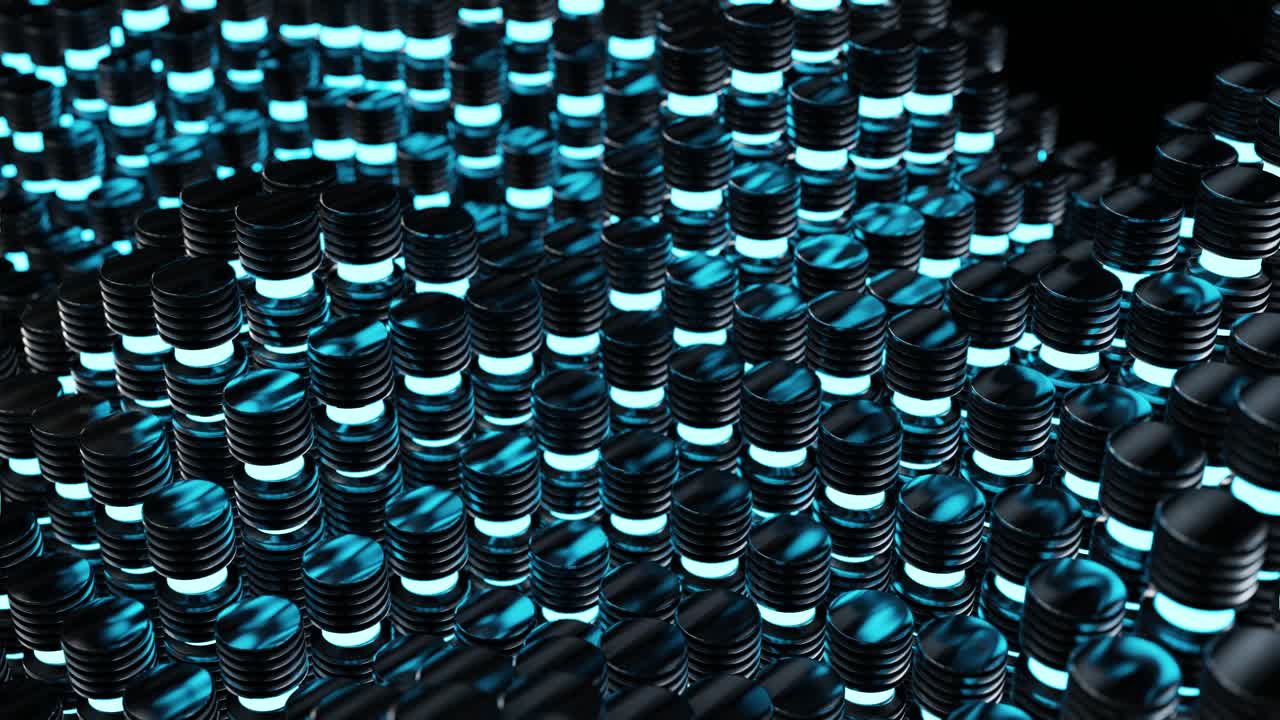 Abstract background composition with glowing tubes cylinders in perspective. Futuristic digital template with copy space. 3D animation of seamless loop. 4K UHD