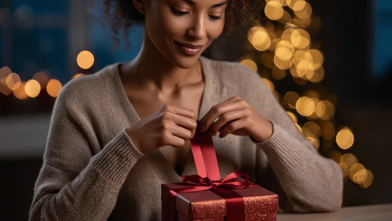 Momento gioioso di scartare un regalo di Natale: Una scena calda con una donna sorridente in un maglione accogliente, che cattura lo spirito del donare e della celebrazione