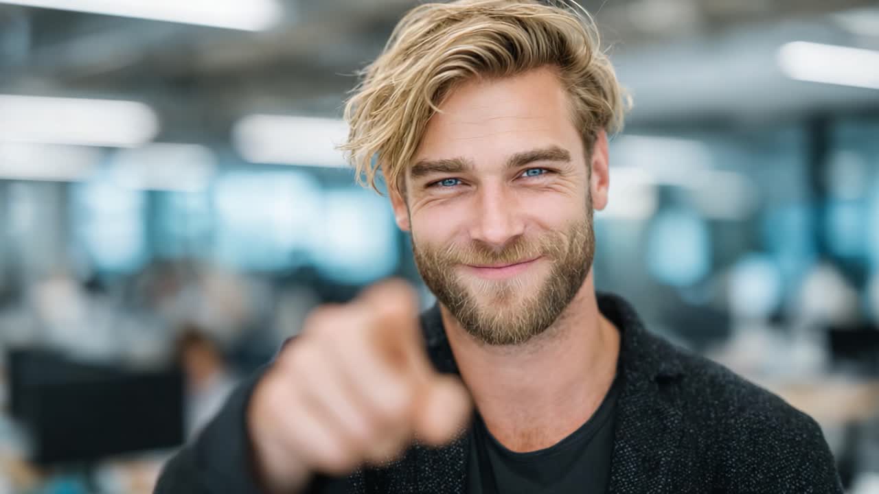 Giovane uomo allegro in un ufficio moderno con uno stile rilassato: catturare fiducia e approcciabilità in un ambiente professionale