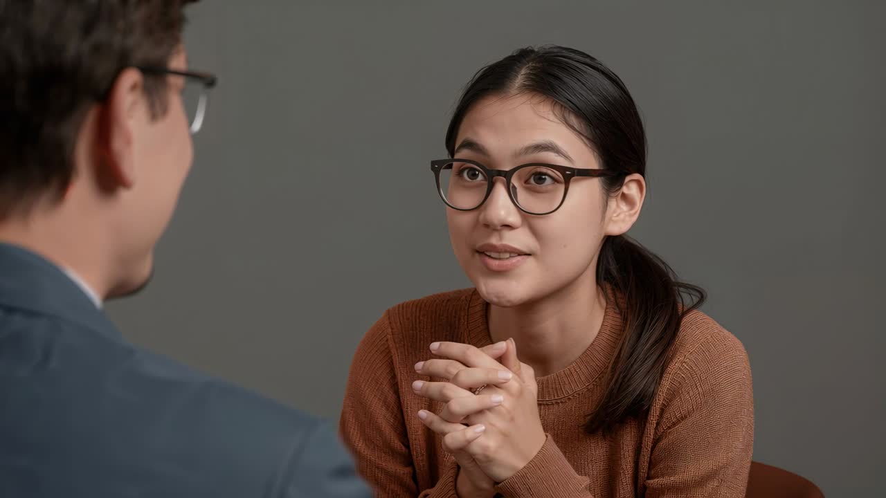 Camera framing Asian woman in sweater, glasses emphasizing point in studio to man in blue suit