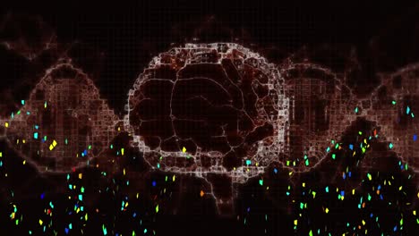 Animation-of-brain-rotating-with-colourful-confetti-falling-on-black-background