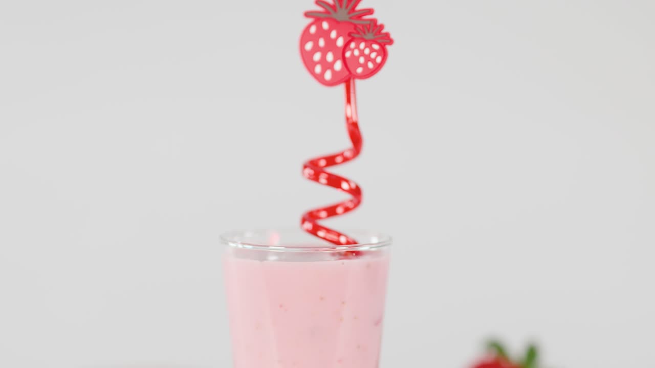 Hand places red spiral straw into creamy pink strawberry milkshake, bright studio lighting, static shot