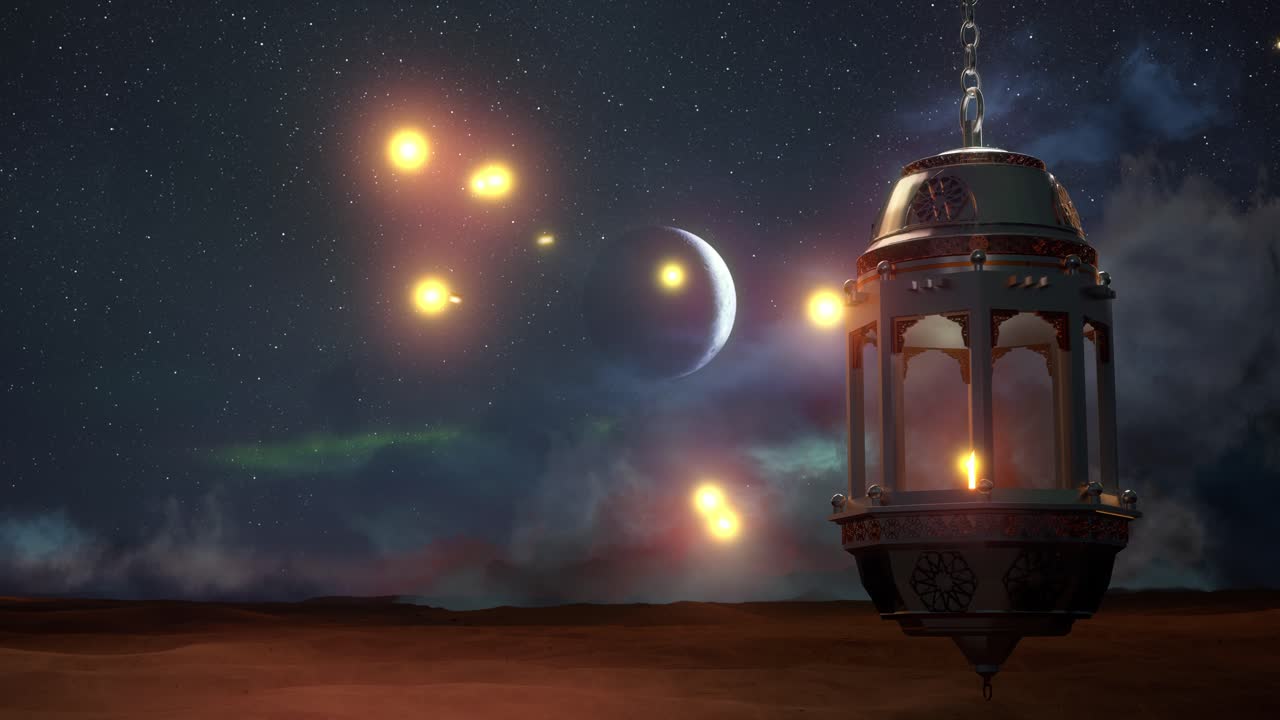 linterna mística de ramadán en una noche estrellada en el desierto