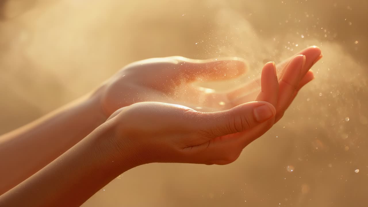 Mani nude a coppa rivolte verso l'alto in controluce dorata all'aperto, che lasciano fluttuare corpuscoli di polvere tra i palmi