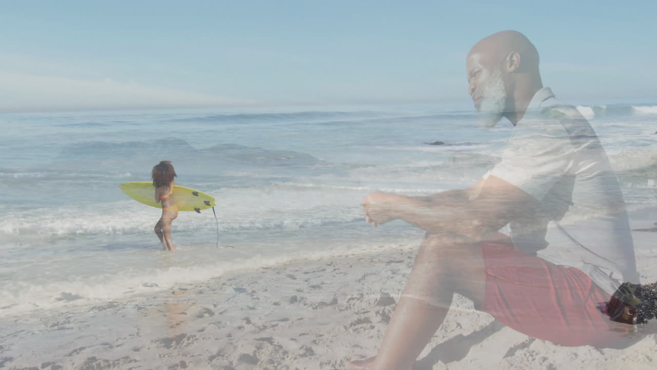 Woman wading into water with surfboard, father watching, showing health chart and heart icon