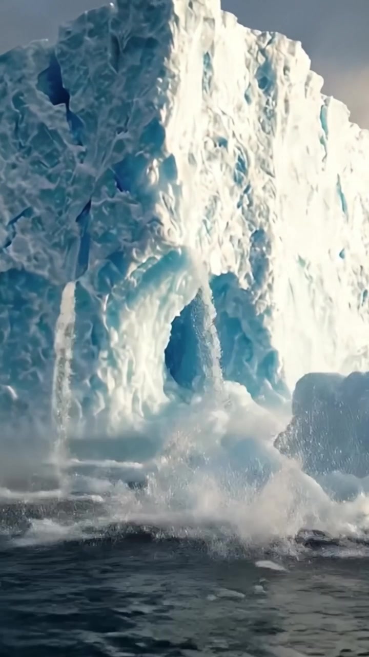 Majestätischer Eisberg umgeben von ruhigem Wasser: Ein Naturphänomen, das die Schönheit und Dynamik schmelzender und ins Meer fallender Gletscherstrukturen einfängt.