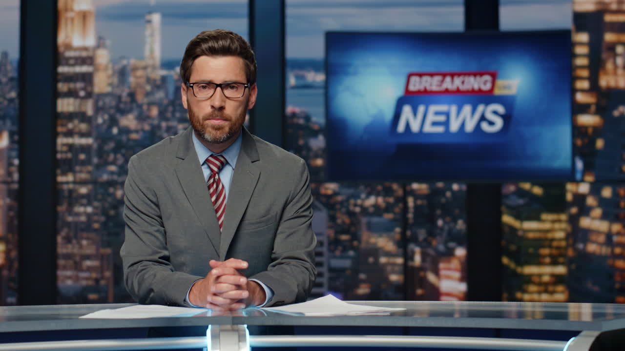 News journalist talking reportage at newscast modern multimedia channel closeup
