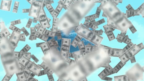 animation of american dollar banknotes falling over credit card