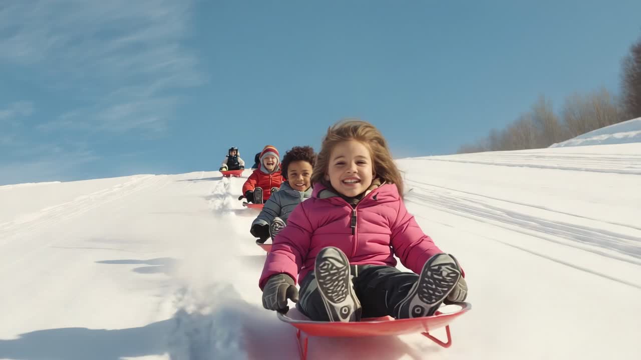 Pushing off crest, girl in pink racing down groomed snow hill, with family riding red sleds