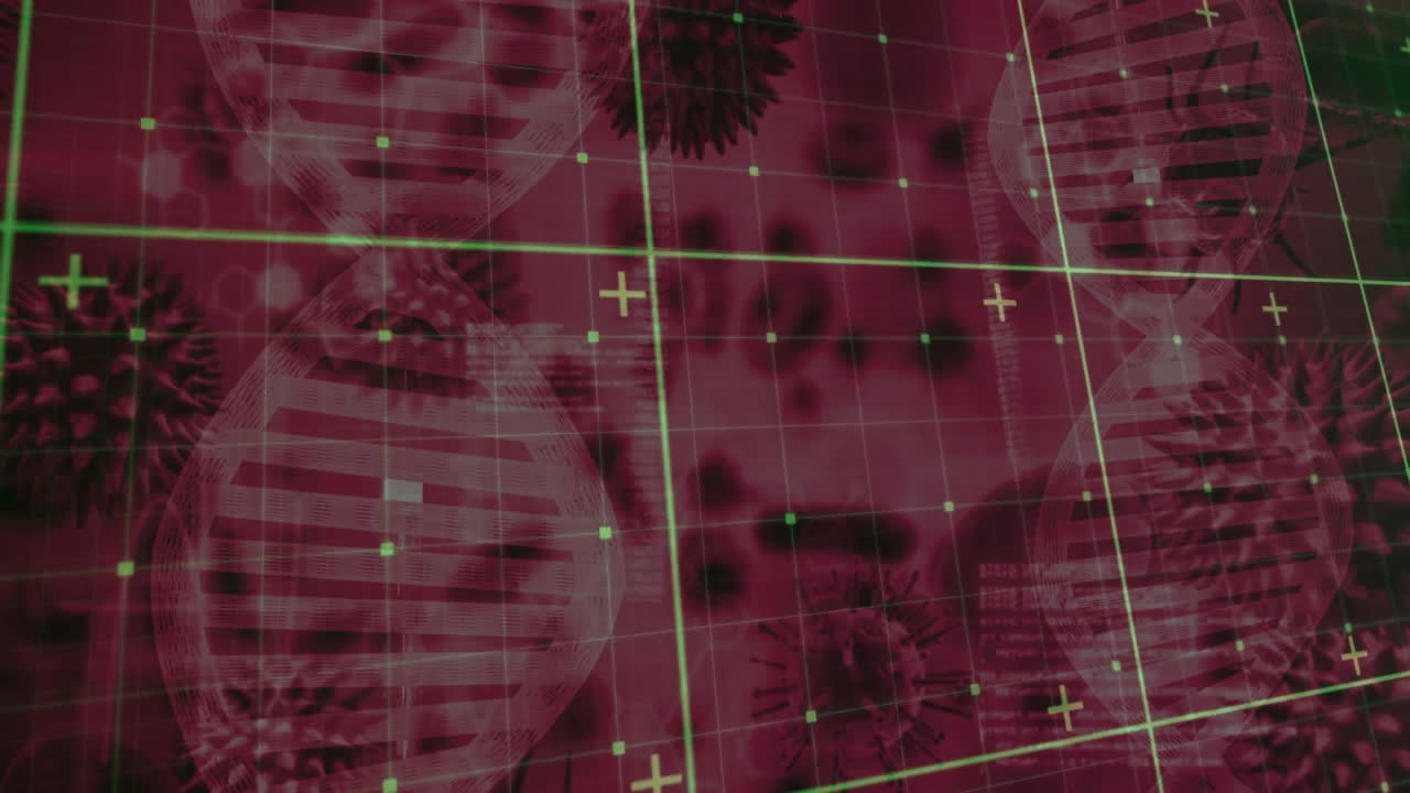 DNA double helix spinning across red digital interface, featuring green grid lines and plus signs