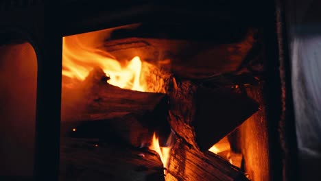 close up of firewood burning in the fireplace - man putting firewood