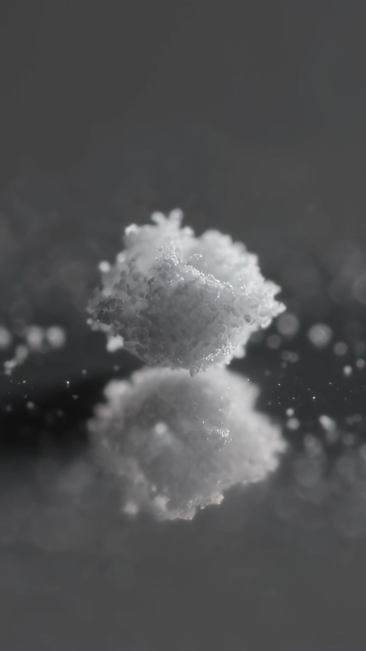 Video verticale: Un cristallo bianco che ondeggia rilascia particelle su una superficie scura a specchio, rivelando la texture.