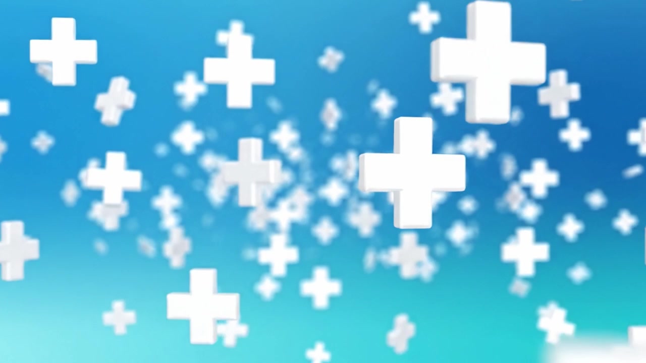 Dynamic White Plus Signs Floating Playfully in a Blue Gradient Background, Creating a Cheerful and Uplifting Atmosphere, Evoking Concepts of Health and Positivity