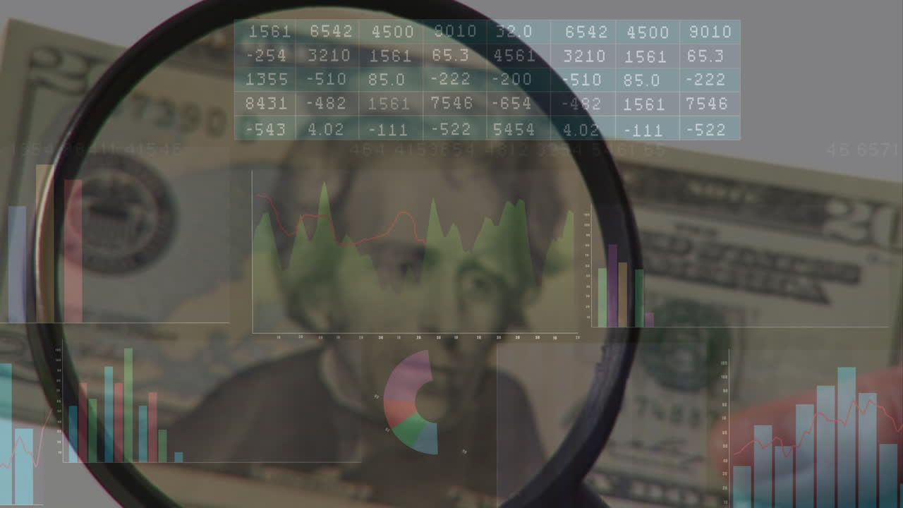 Animation of data processing over reading glass and banknotes