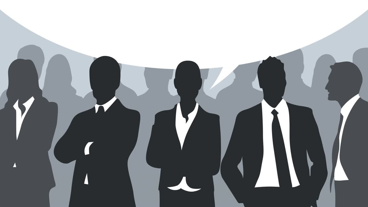 텍스트 애니메이션에 대한 아이디어 클라우드를 가진 비즈니스 사람들.