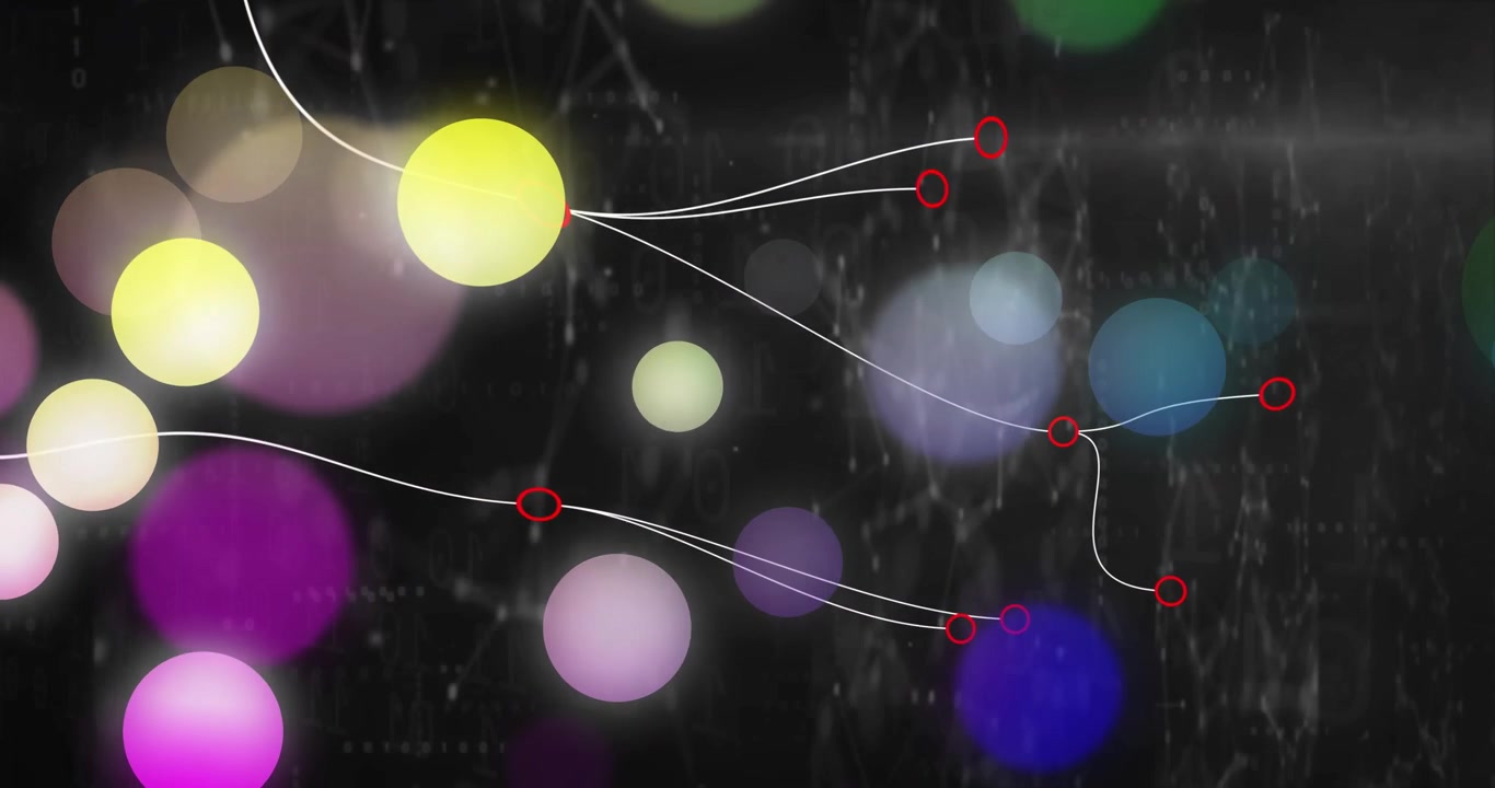 Sfere luminose fluttuanti in linee che si connettono a nodi ad anello rossi, mostrando la crescita della rete