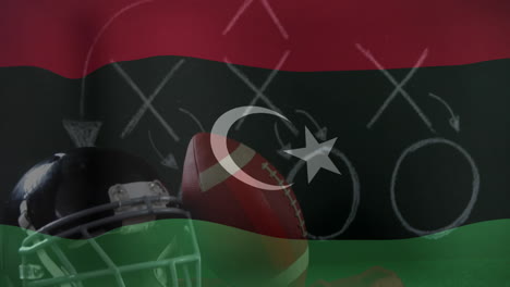football helmet and ball with libya flag in school, showing strategy animation