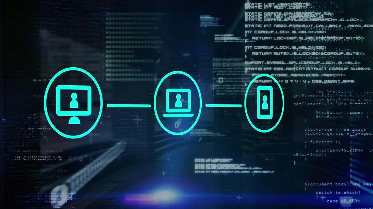 Animation of computer, laptop and smartphone connection with binary coding in background