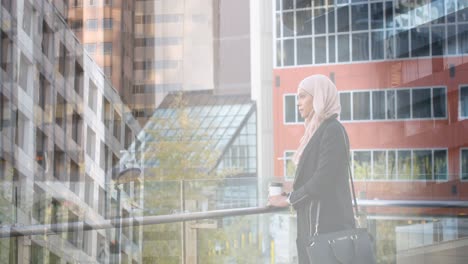 animation of asian woman in hijab using smartwatch over cityscape